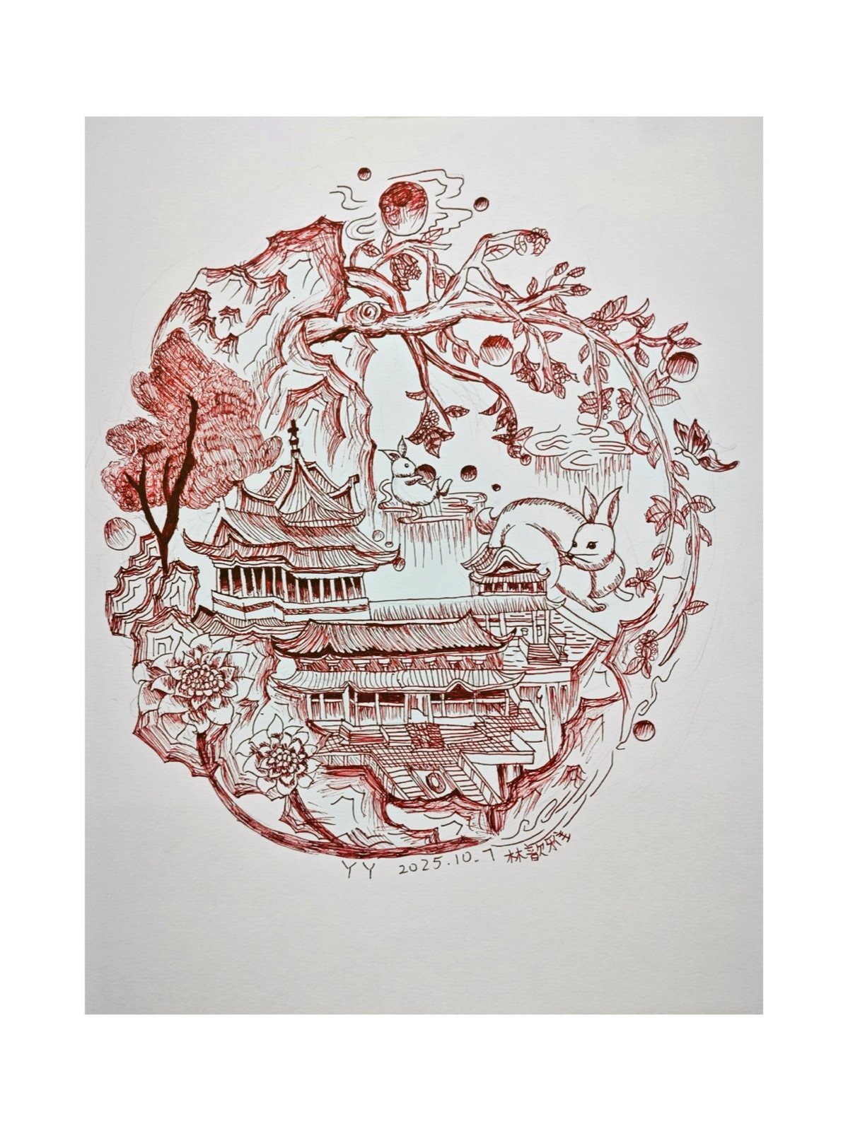 红褐色线条描绘的楼阁、玉兔、山石和枝叶
