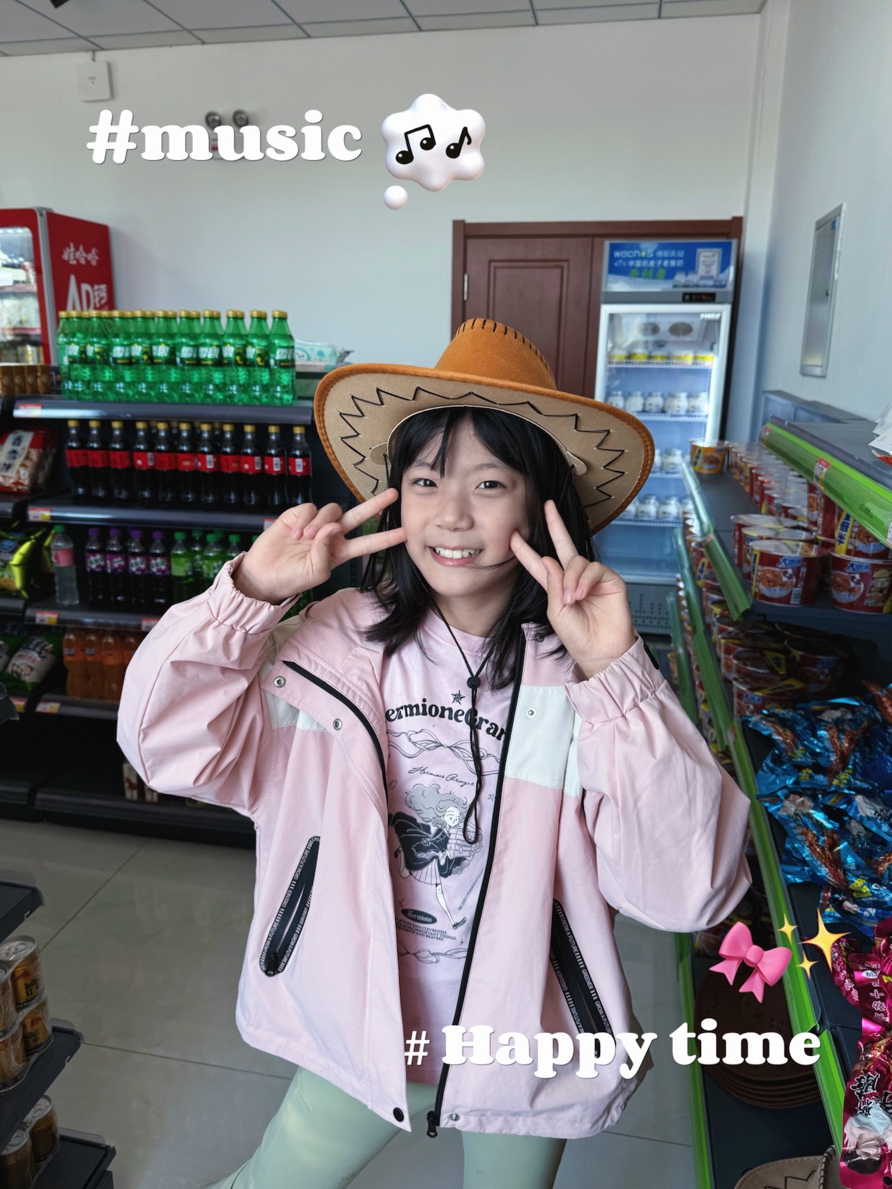 女孩戴着棕色帽子，在商店里微笑着比出剪刀手